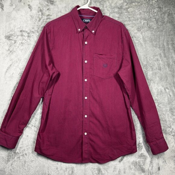 Chaps Long Sleeve Shirt Mens Medium Burgundy Red Checkered Stretch Easy Care - Picture 1 of 10